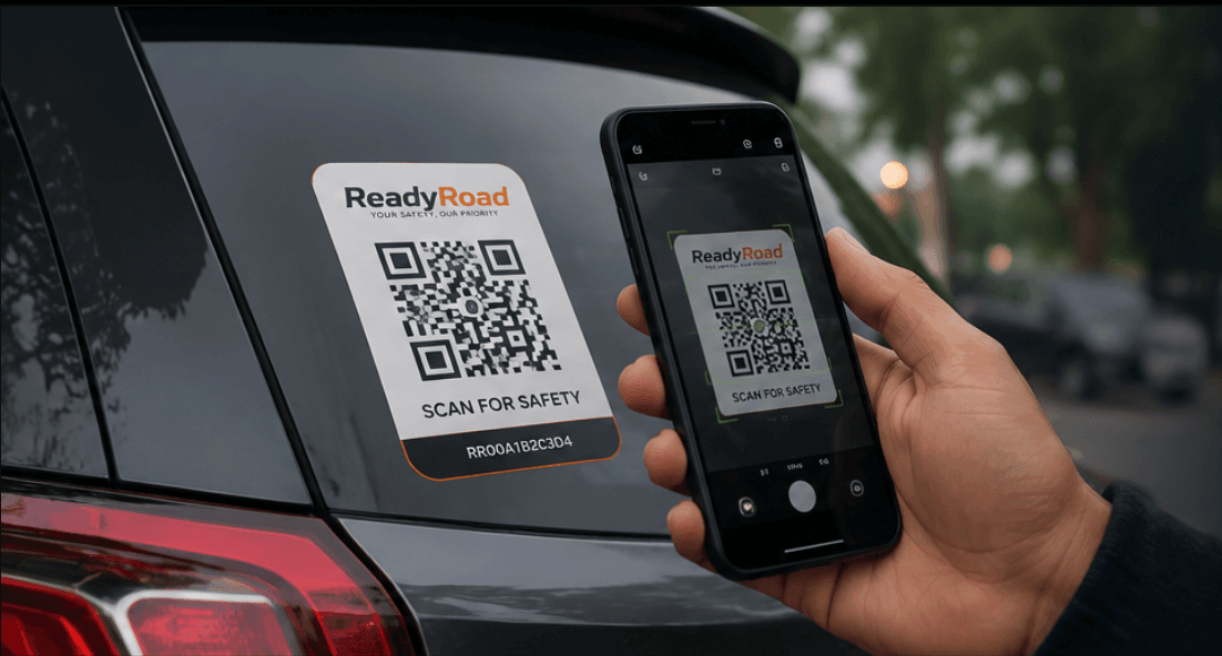 Person scanning a ReadyRoad QR safety sticker on a vehicle windshield