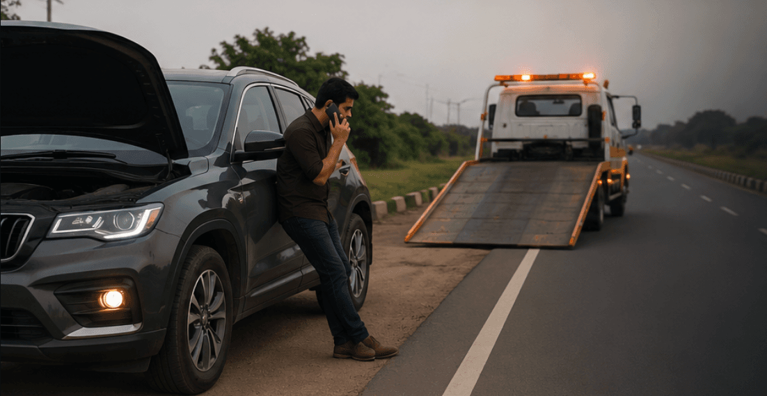 Roadside assistance with a tow truck arriving for a broken-down vehicle